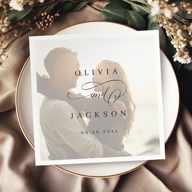 Servilleta De Papel Boda de guiones romántico y simple (Simple elegant romantic script photo wedding napkins)