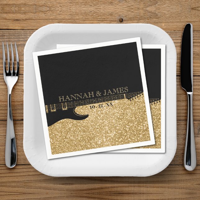Servilleta De Papel Boda de guitarra Purpurina negro y oro (Black & Gold Glitter Guitar Wedding Napkins)