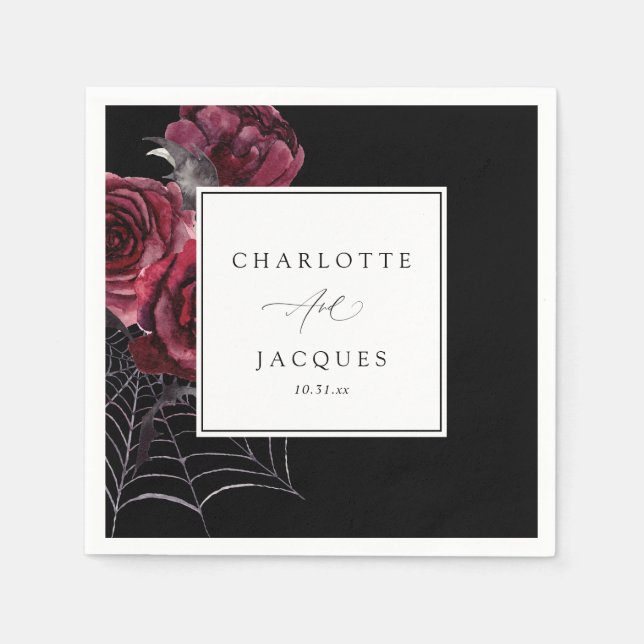 Servilleta De Papel Boda de Halloween de Rosas Rojas y Bats - Negro (Anverso)