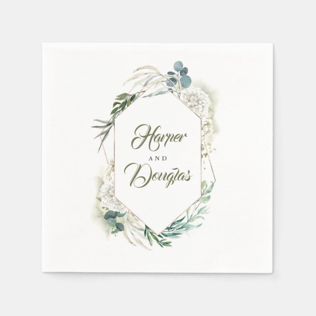 Servilleta De Papel Boda de hidrangea blanca geométrica y vegetación (Anverso)