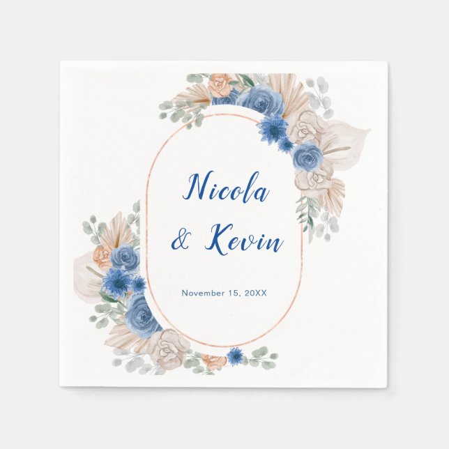 Servilleta De Papel Boda de hierba de Pampas azul boho (Anverso)