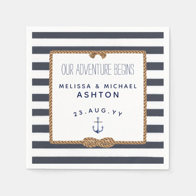 Servilleta De Papel Boda de infinito de nudo náutico de raya azul mari (Anverso)