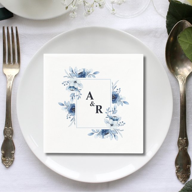 Servilleta De Papel Boda de Iniciales de Pareja Floral Azul Ampersand (Subido por el creador)
