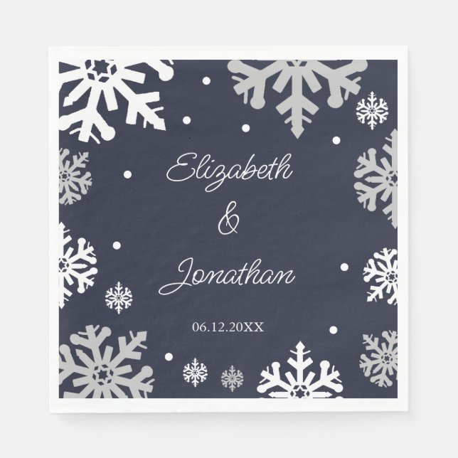 Servilleta De Papel Boda de invierno con copas de nieve azul de la mar (Anverso)