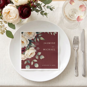 Servilleta De Papel Boda de invierno con peonía blanca y burgundy en a