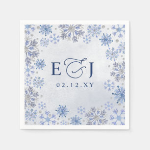 Servilleta De Papel Boda de Invierno Copos de Nieve Azules Plata Monog