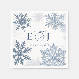 Servilleta De Papel Boda de Invierno Copos de Nieve Azules Plata Monog
