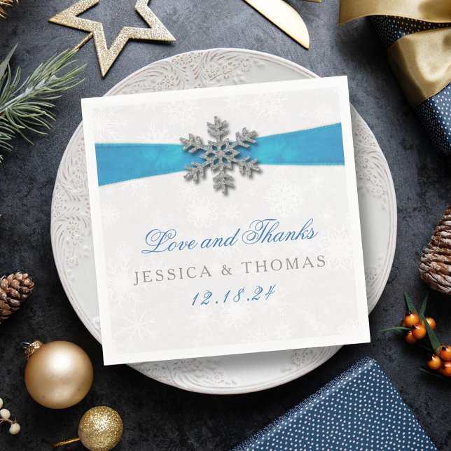 Servilleta De Papel Boda de Invierno Diamante Snowflake & Blue Ribbon (Subido por el creador)