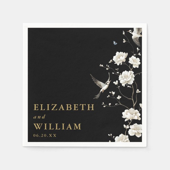 Servilleta De Papel Boda De Jardín Floral De Chinoiserie Negra Y Oro (Anverso)