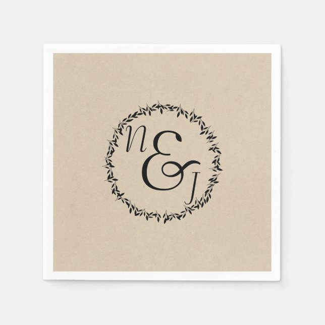 Servilleta De Papel Boda de Kraft moderno botánico de hoja negra (Anverso)