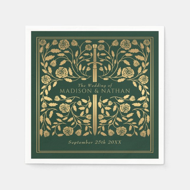 Servilleta De Papel Boda de la espada de oro real verde (Anverso)