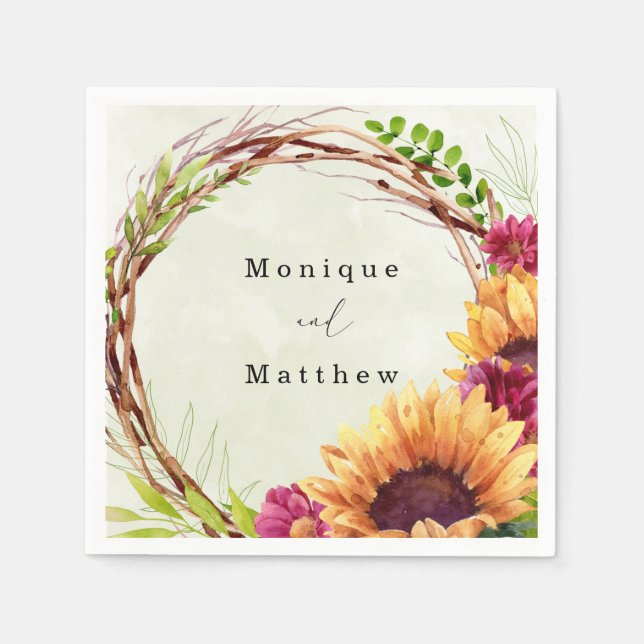 Servilleta De Papel Boda de la guirnalda floral rosa del girasol (Anverso)