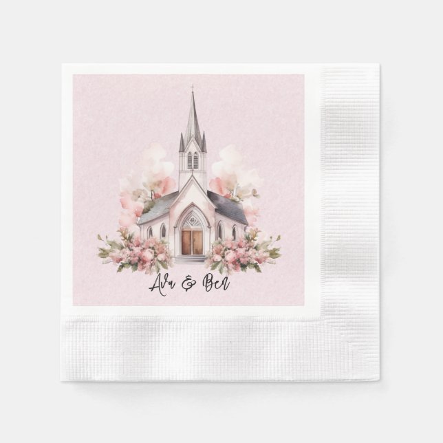 Servilleta De Papel Boda de la iglesia acuarela rosa (Anverso)