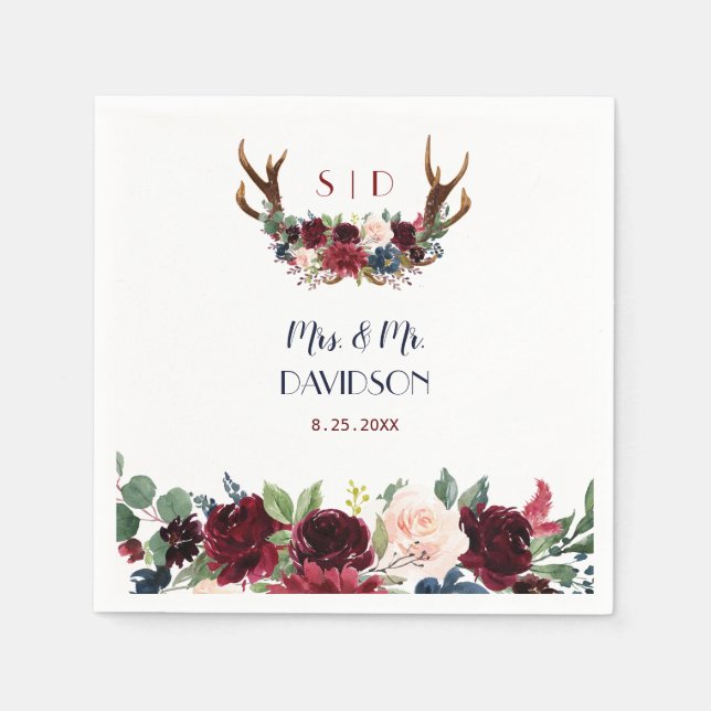 Servilleta De Papel Boda de la Marina Boho Merlot Floral Azul (Anverso)