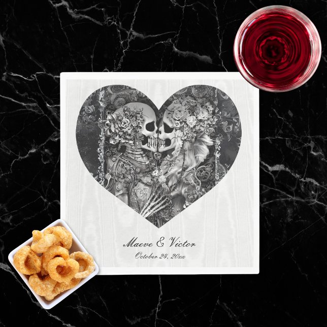 Servilleta De Papel Boda de la pareja de esqueletos góticos en blanco  (Gothic Black & White Skeleton Couple Wedding Napkins)
