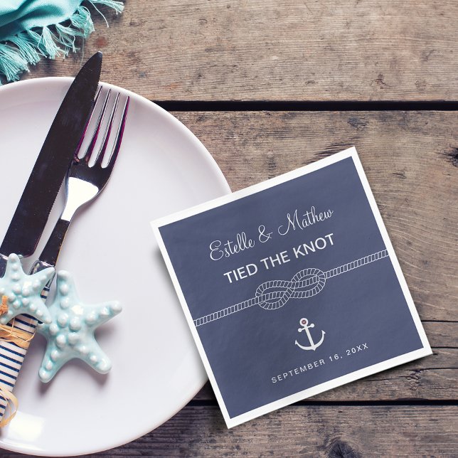 Servilleta De Papel Boda de lazo atado azul marino náutico (Nautical Navy Blue Tied the Knot Wedding Napkins)