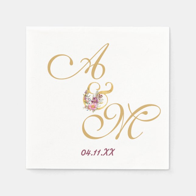 Servilleta De Papel Boda de letras Gold MONOGRAM PERSONALIZADO (Anverso)