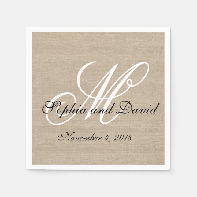 Servilleta De Papel Boda de lienzo Rústico Monograma (Anverso)