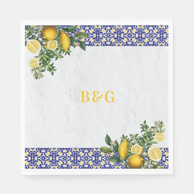 Servilleta De Papel Boda de limón azul blanco amarillo mediterráneo (Anverso)