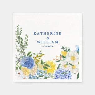 Servilleta De Papel Boda de limón mediterráneo floral azul y amarillo