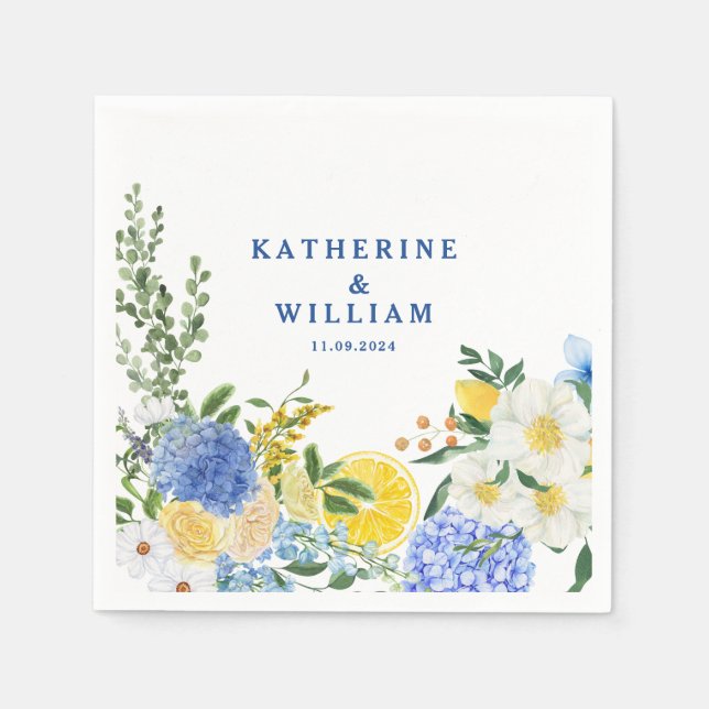 Servilleta De Papel Boda de limón mediterráneo floral azul y amarillo (Anverso)