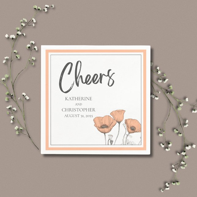 Servilleta De Papel Boda de los Cachorros Florales de Manzana (Peach Poppies Elegant Wedding Cheers Cocktail Napkin with California Poppies.)