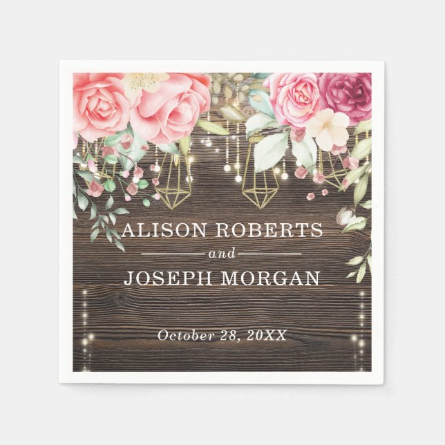 Servilleta De Papel Boda de luces de cuerda floral de madera de estilo (Anverso)