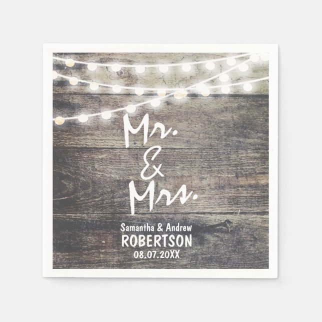 Servilleta De Papel Boda de luces de cuerda y madera rústica (Anverso)