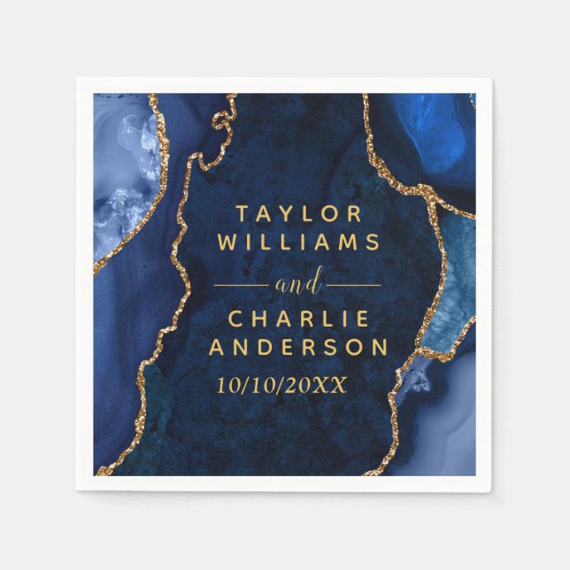 Servilleta De Papel Boda de mármol de la Marina azul y oro agate (Anverso)