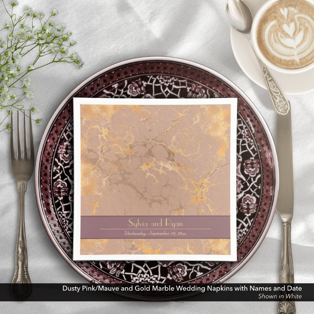 Servilleta De Papel Boda de mármol rosa y dorado (Dusty Pink/Mauve and Gold Marble Pattern Napkins with Bride and Groom's Names and Wedding Date)