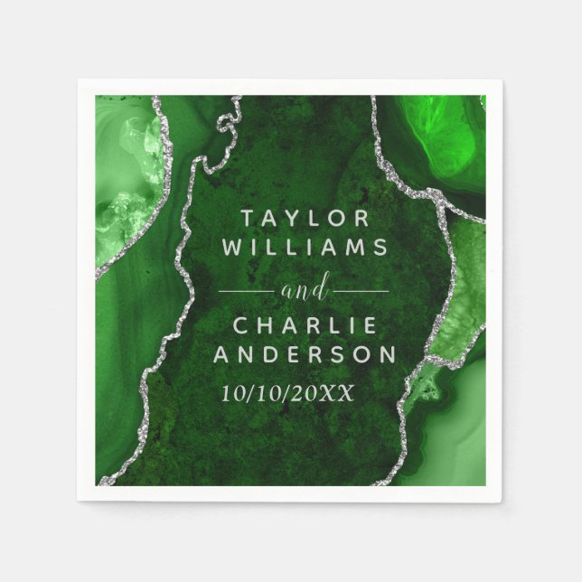 Servilleta De Papel Boda de mármol verde y plateado (Anverso)