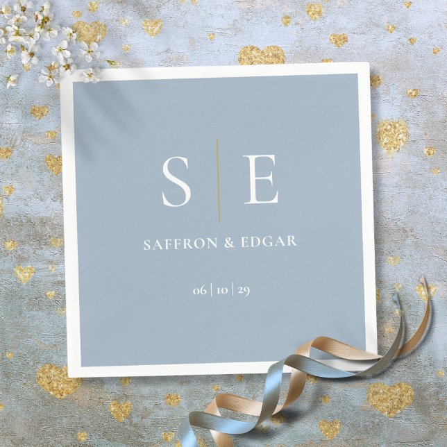 Servilleta De Papel Boda De Monograma Azul Y Oro Dusto (Dusty Blue And Gold Monogram Wedding Napkins)