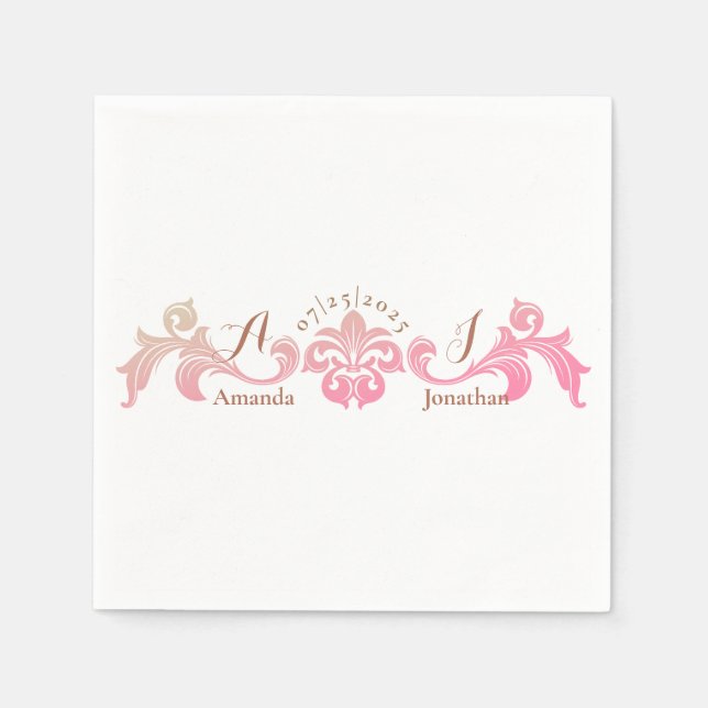 Servilleta De Papel Boda de monograma barroco rosado (Anverso)