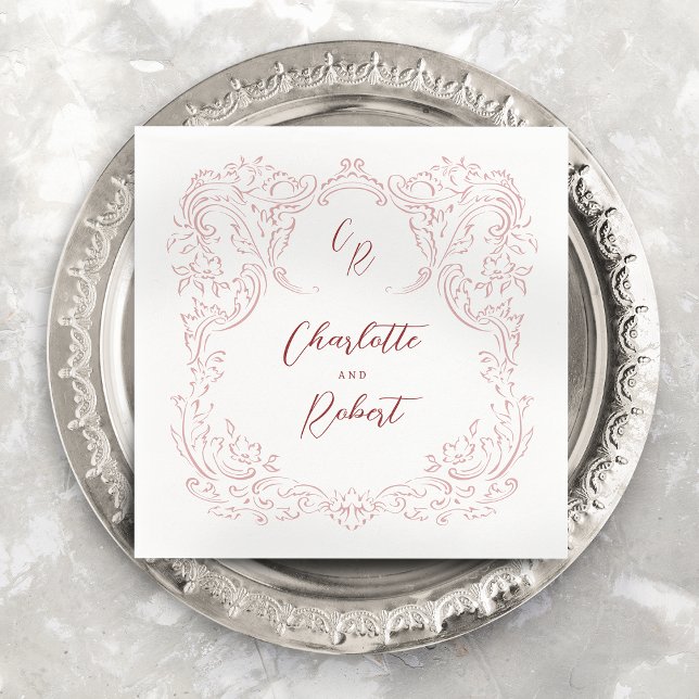 Servilleta De Papel Boda de Monograma con sabor a vinagre rosado (Pink Sketched Vintage Flourish Monogram Wedding Napkins)