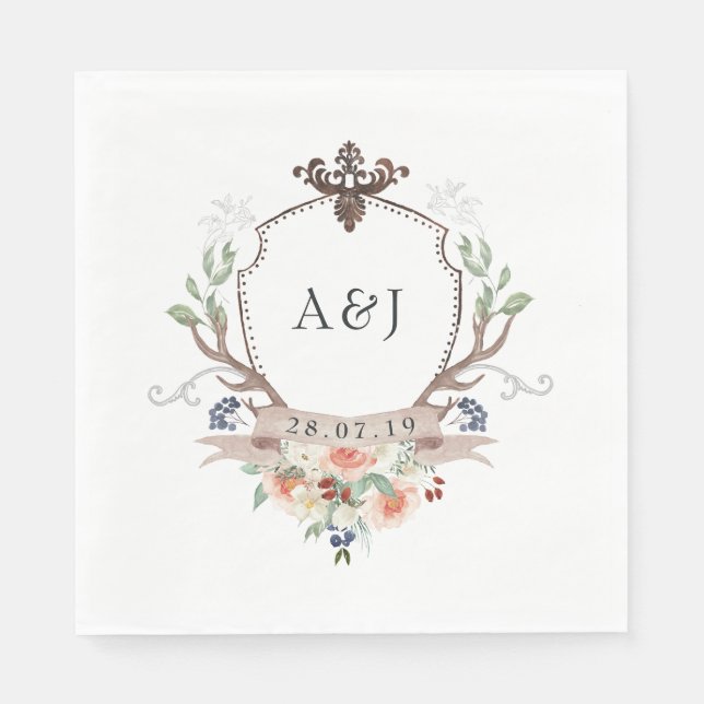 Servilleta De Papel Boda de monograma de cresta de laurel del bosque d (Anverso)