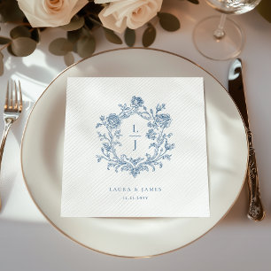 Servilleta De Papel Boda de Monograma de Cresta Floral Azul Elegante