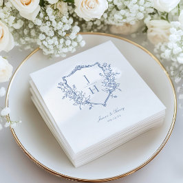 Servilleta De Papel Boda de Monograma de Cresta Floral Regencia Azul 