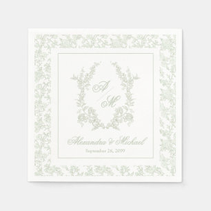 Servilleta De Papel Boda de Monograma de Cresta Floral Vintage Sage El