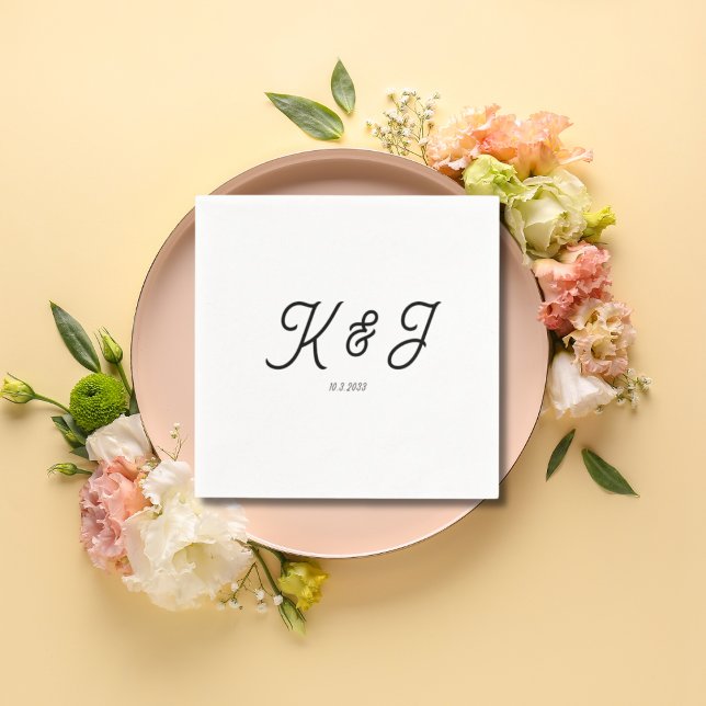 Servilleta De Papel Boda de monograma de escritura negra de iniciacion (Minimalist Initials Black Script Monogram Wedding Napkins)