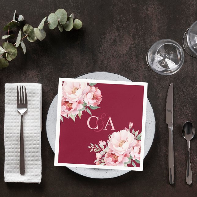 Servilleta De Papel Boda de monograma de flores de rosa borgoña (Subido por el creador)