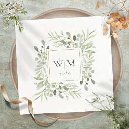 Servilleta De Papel Boda de monograma dorado y vegetación elegante
