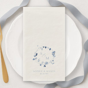 Servilleta De Papel Boda de Monograma Floral de Arte Fino Azul Polvori