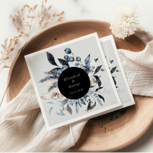 Servilleta De Papel Boda de Monograma Floral de Invierno Azul Frosty