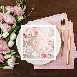Servilleta De Papel boda de monograma floral de rosas rosadas de oro R