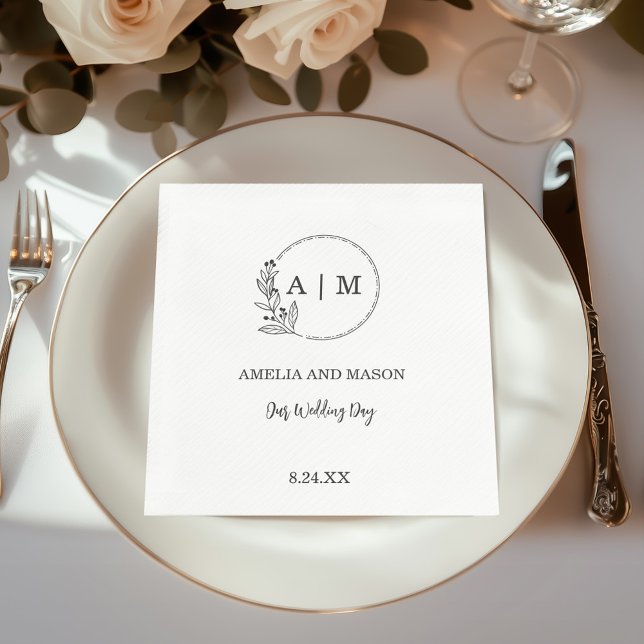 Servilleta De Papel Boda de monograma floral mínimo negro (Black and White Wedding Napkin with Elegant  Floral Monogram)
