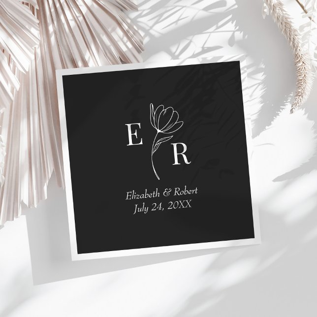 Servilleta De Papel Boda de Monograma Floral Negro  (Black Floral Monogram Wedding Napkins on a sunny white table.)