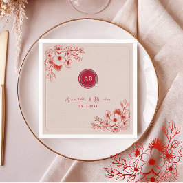 Servilleta De Papel Boda de Monograma Floral Rojo Rosa