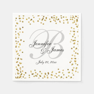 Servilleta De Papel Boda de Monograma Gris Elegante Gold Confetti