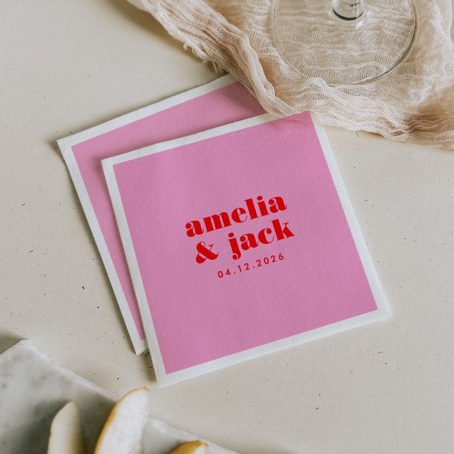 Servilleta De Papel Boda de monograma moderno rosa y rojo brillante ne (Bright Bold Pink and Red Modern Monogram Wedding Paper Cocktail Napkins)