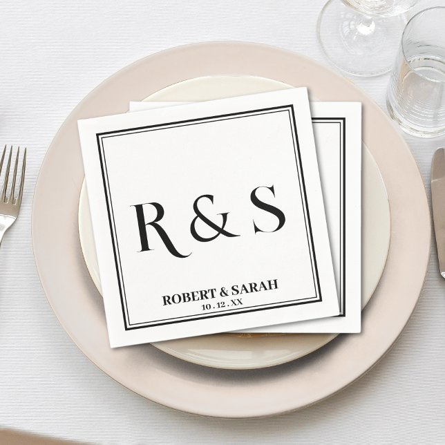 Servilleta De Papel Boda de monograma moderno simple de doble borde (monogram double square border wedding reception bridal shower napkin)